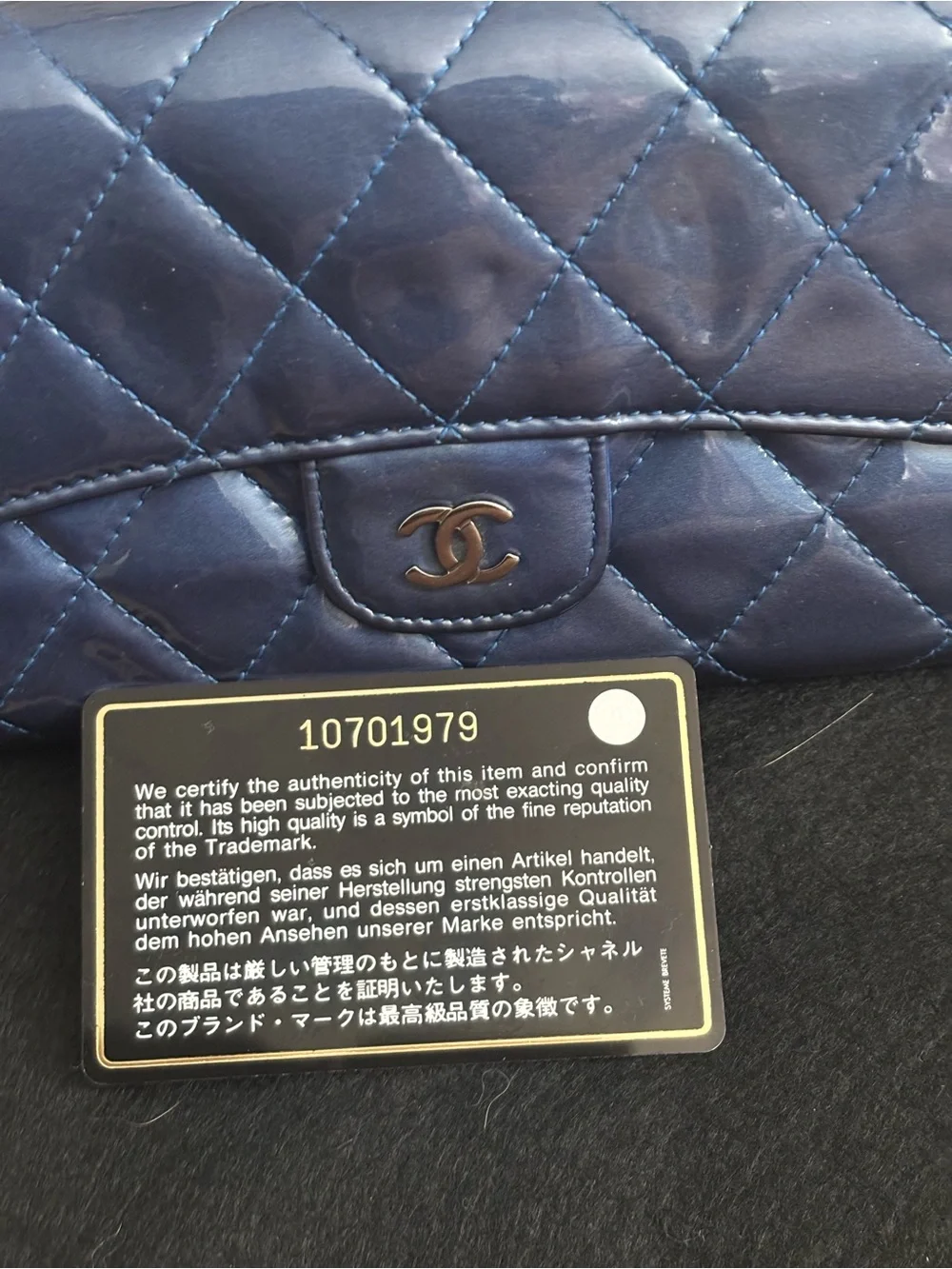 Authentic CHANEL Continental Quilted Patent Leather Wallet in Deep Blue